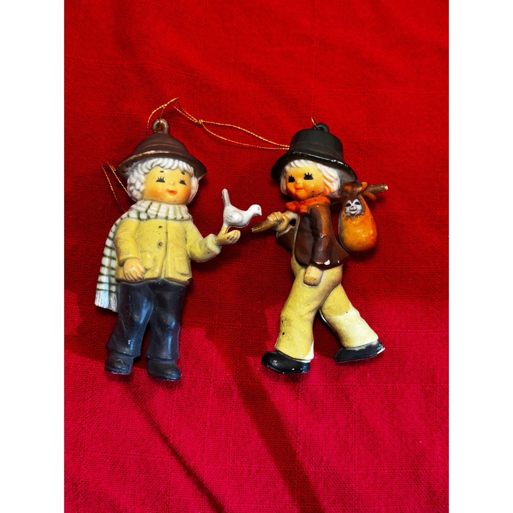 Vintage Hand Painted Plastic Boy and Girl Christmas Ornaments Set of 2 Retro